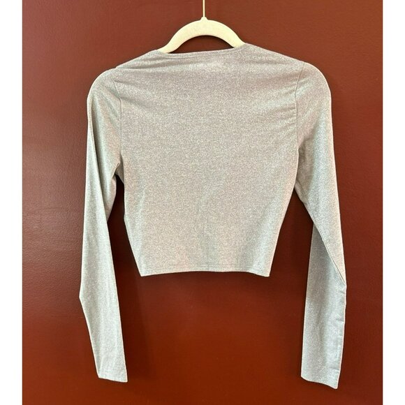 Abercrombie & Fitch Womens Shimmery Silver Long Sleeve Twist Front Crop Top Sz S - Picture 4 of 4